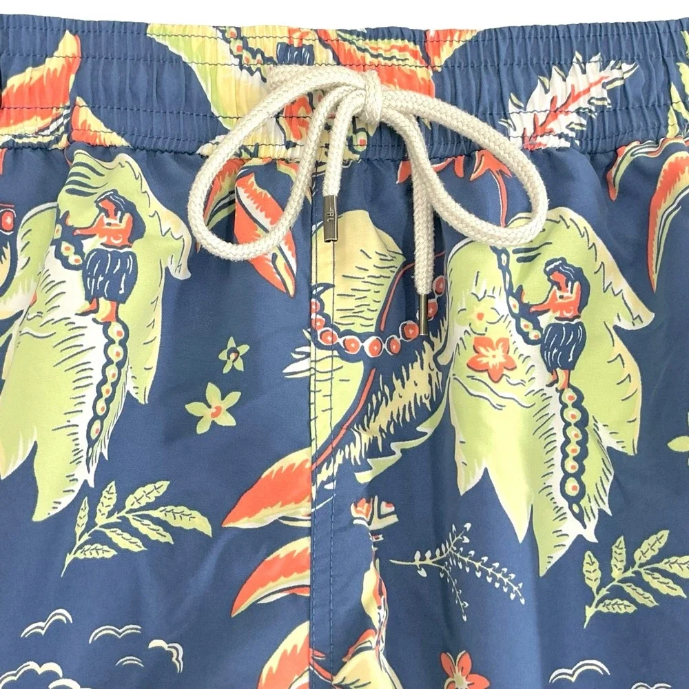 Polo Ralph Lauren Swim Trunks Men's Medium Blue Hawaiian Surfer Print Mesh Lined